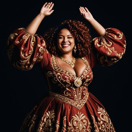 Curvy Woman in Embroidered Gown with Raised Arms