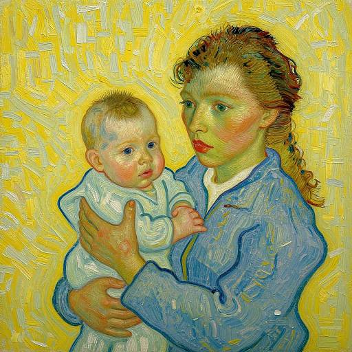 Vincent van Gogh-style digital painting of a woman with red lipstick, blue shirt, holding a baby in white, against a vibrant yellow background.