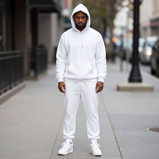 Photograph of a black man standing on a city sidewalk, wearing an all-white hoodie, pants, and sneakers, with a serious expression. Urban background
