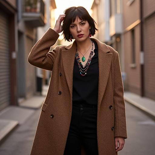 Photograph of a short-haired, dark-haired woman in a brown coat, black dress, and green pendant necklace, standing confidently on a narrow urban alley