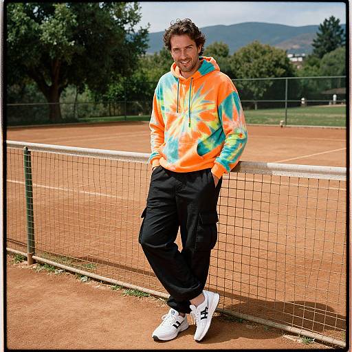 Photograph of a smiling man with curly brown hair, wearing an orange and blue tie-dye hoodie, black pants, and white sneakers, leaning against