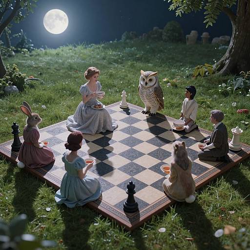 Photograph of a moonlit garden chess set featuring human and animal figurines, including a girl in a blue dress, owl, and rabbit, playing