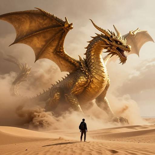 Photograph-like CGI: A silhouetted figure stands in a golden desert, facing a massive, golden dragon with large wings and sharp spikes,