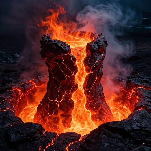 Photograph of a vibrant, fiery volcanic eruption with bright orange and red molten lava flowing through jagged, black rock, surrounded by thick, dark
