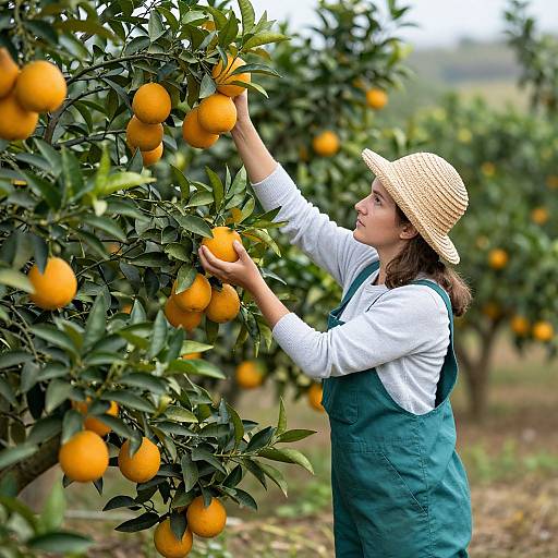 Woman Harvesting Oranges in Orchard