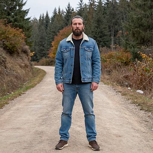 Photograph of a bearded man with long hair, wearing a blue denim jacket, black shirt, and jeans, standing on a dirt path amidst forest
