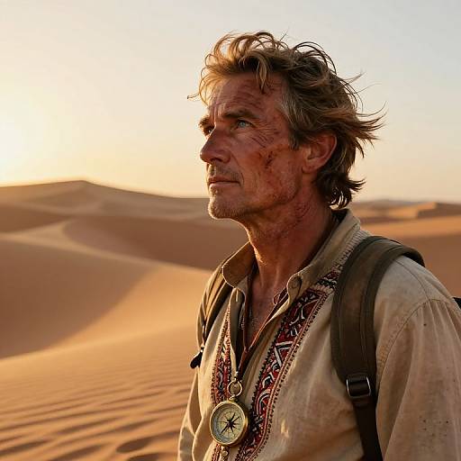 Photograph of a rugged, dirt-streaked middle-aged man with messy hair and a compass necklace, standing in a sunlit desert, with sand
