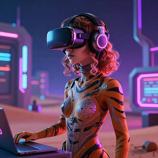 Digital artwork of a curly-haired woman in a tiger-striped bodysuit wearing VR headset, headphones, and working on a laptop in a neon-lit