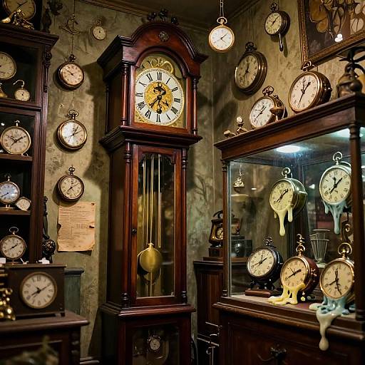 Photograph of a dimly lit antique clock shop with numerous vintage clocks, wooden cabinets, and hanging timepieces, creating a nostalgic, historical atmosphere.