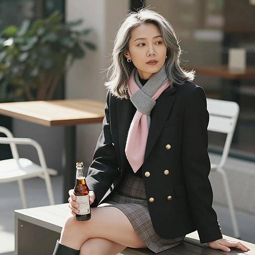 Asian Woman Wearing Black Blazer Sitting Outdoors
