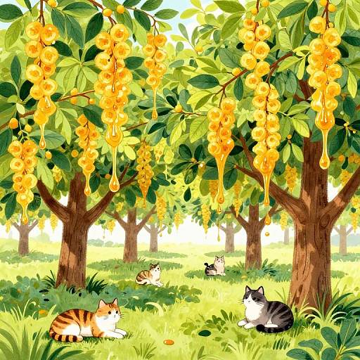 Digital illustration of a sunny orchard with five colorful cats lounging under bright yellow-orange fruit-bearing trees, surrounded by lush green grass.