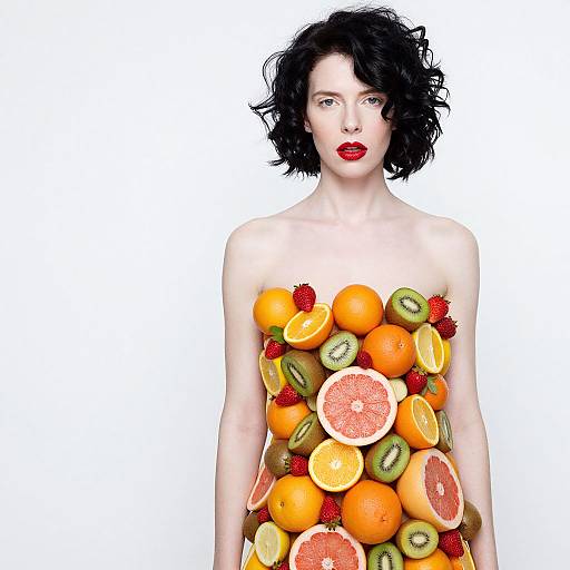 Woman in Vibrant Fruit Dress
