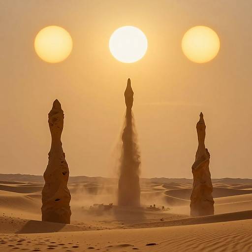 Photograph of a desert sunset with three tall, sandstone rock formations; two on the left and right, one emitting a plume of dust,