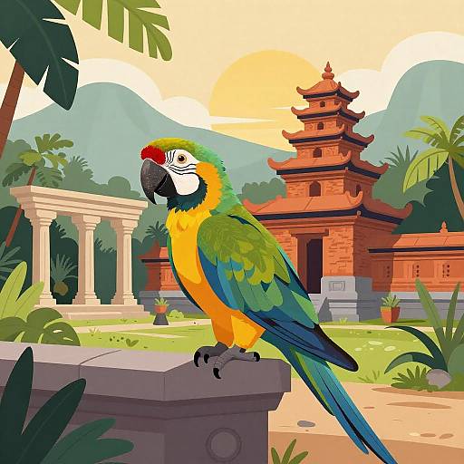 Vibrant Tropical Parrot with Ancient Temple