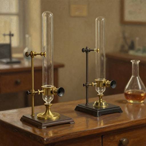 Photograph of antique laboratory equipment: two brass and glass vacuum pumps on wooden tables, glass flask with amber liquid, blurry laboratory background.