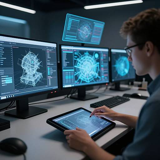 Photograph of a young man with glasses, in a dark office, using a tablet and multiple computer monitors displaying intricate blue and white 3D geometric