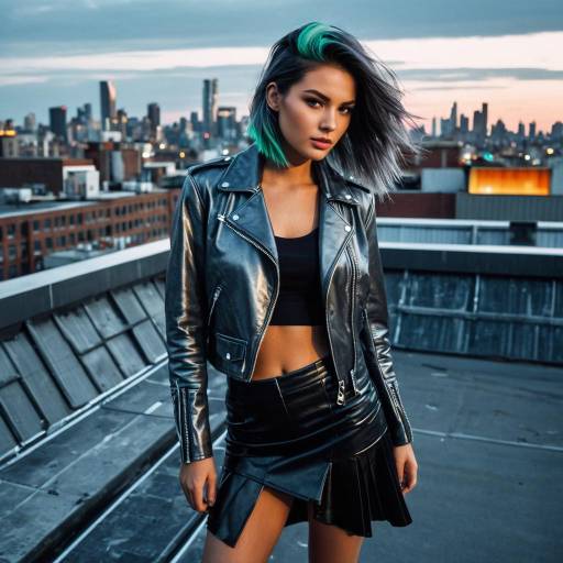 Fashion Model with Steel Gray Hair and Leather Outfit on Urban Rooftop