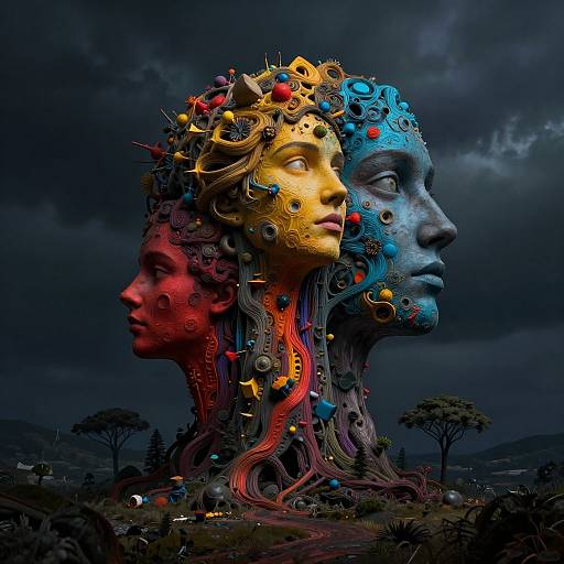 Surreal CGI artwork of three colorful, intricately detailed, humanoid heads with mechanical and organic elements, set against a dark, cloudy sky.