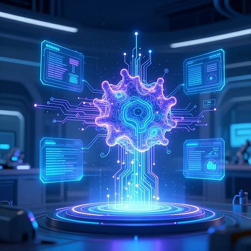 Digital CGI image of a glowing blue, neon virus-like hologram centered on a futuristic circular platform, surrounded by floating, neon blue data screens in a