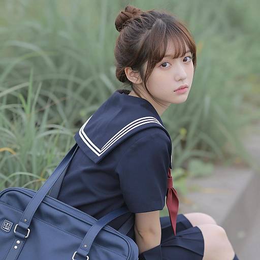 East Asian Student in Blue Sailor Uniform