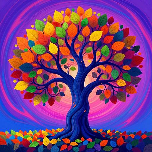 Vibrant digital illustration of a multicolored tree with bright orange, yellow, green, and red leaves against a swirling purple and pink background,