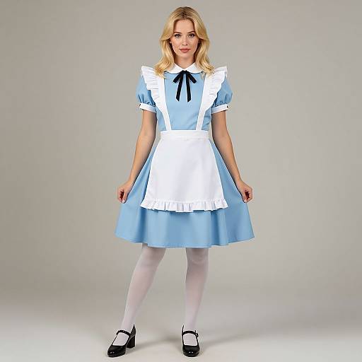Blonde woman in a blue and white Alice in Wonderland-style dress with black bow, white stockings, and black Mary Jane shoes, standing against a plain