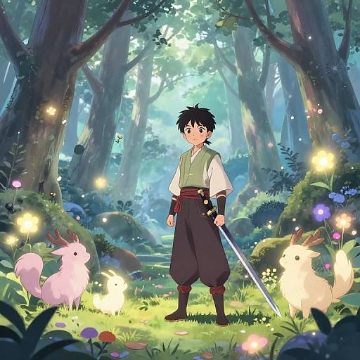 Anime-style drawing of a young boy with dark hair, wearing a white shirt and dark pants, standing in a magical forest holding a sword, surrounded by