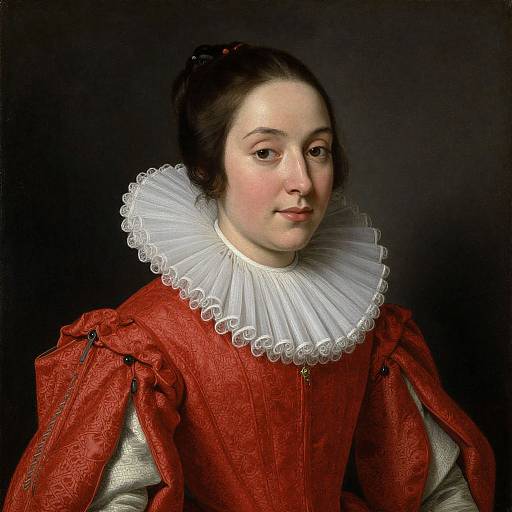 Photograph-style painting of a fair-skinned woman with dark hair, wearing a red, patterned Renaissance dress with a large white ruffled collar,
