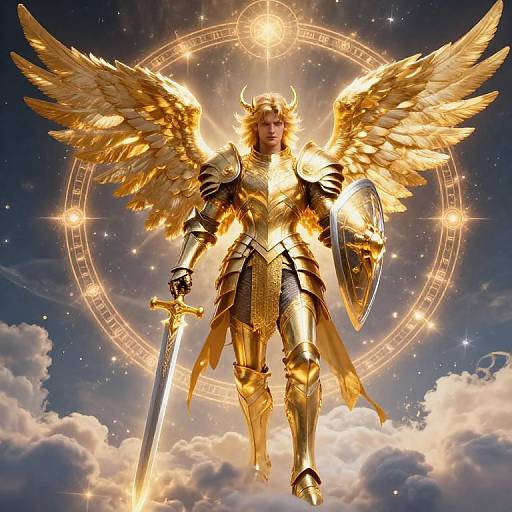 Glowing golden angelic warrior with wings, helmet, armor, and sword, holding a shield, stands on clouds with a celestial circle backdrop.