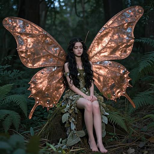 Photograph of a young woman with long black hair, wearing a leafy dress and glowing, illuminated orange butterfly wings, sitting in a dark, lush