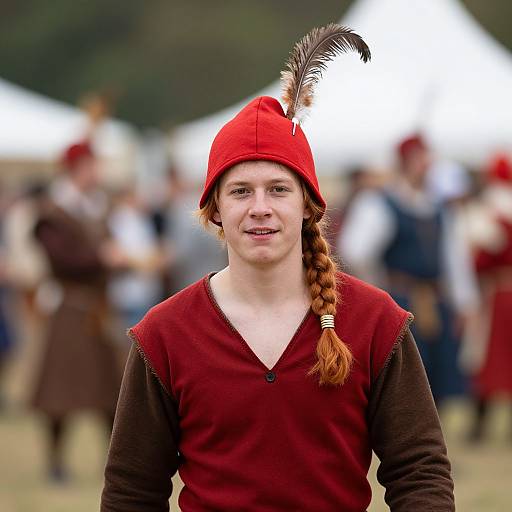 Photograph of a fair-skinned young man with red hair in a braid, wearing a red hat with a feather, and a maroon vest
