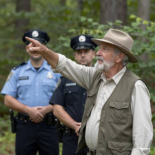 Elderly Man Pointing with Police Officers in Forest