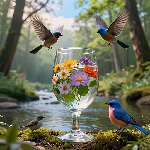 Photograph of two blue and orange birds, one flying, one perched, around a glass with colorful flowers, in a sunlit forest stream.