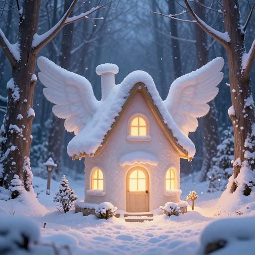 Photograph of a whimsical snow-covered fairy-tale cottage with angel wings, glowing yellow windows, and illuminated doorway, nestled in a snowy forest at