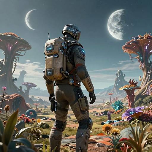 Digital artwork of a futuristic astronaut with a backpack, standing in a vibrant alien landscape with colorful flora, two crescent moons, and strange, towering plants