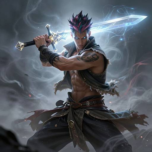Digital artwork of a muscular, tattooed warrior with spiky pink and black hair, wielding a glowing blue sword amidst swirling smoke.