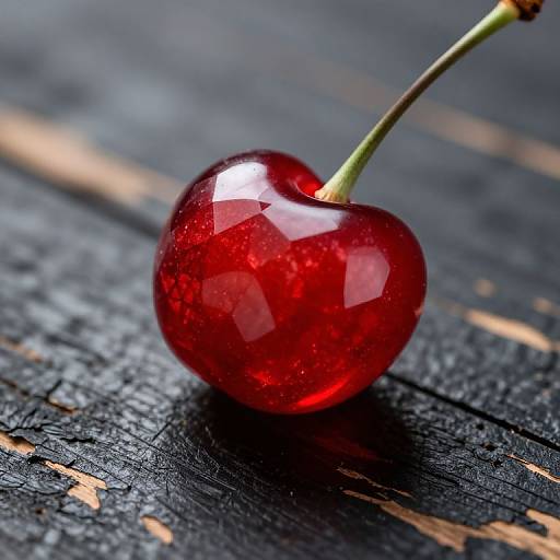 Photograph of a shiny, red cherry with a green stem on a weathered, black wooden surface, highlighting contrast and texture.
