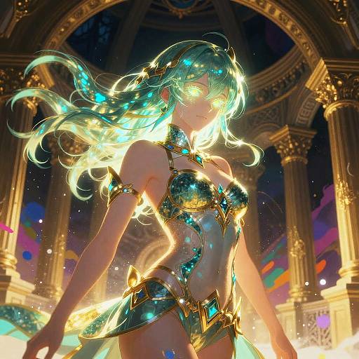 Digital fantasy artwork of a glowing, green-haired, golden-eyed woman in shimmering, jewel-encrusted armor, standing in a radiant, orn