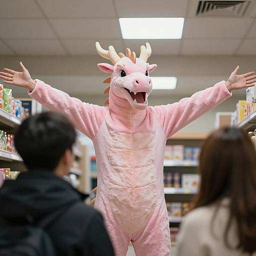 Person in Pink Dragon Costume in Store Aisle
