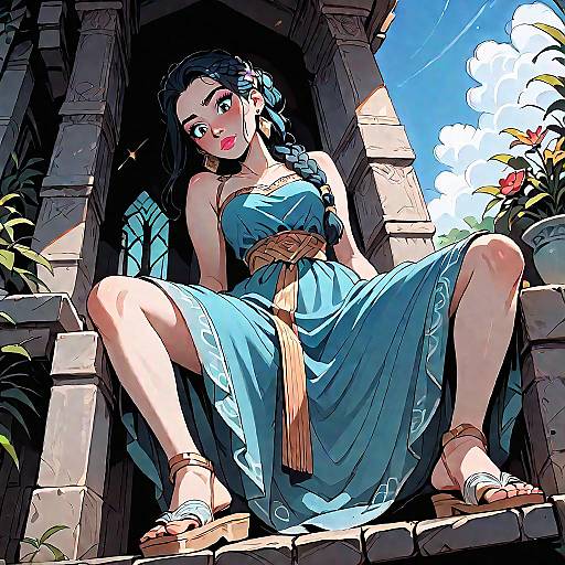 Animated Woman in Blue Dress Sitting on Stone Chair