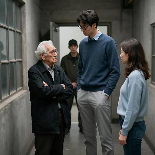 Serious Discussion in Industrial Hallway