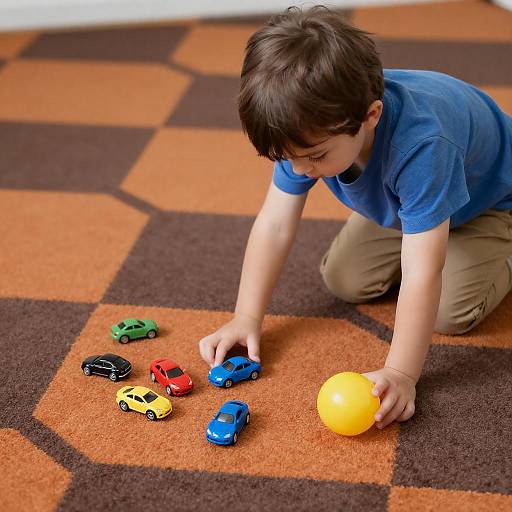Child Playing with Toy Cars on Geometric Carpet