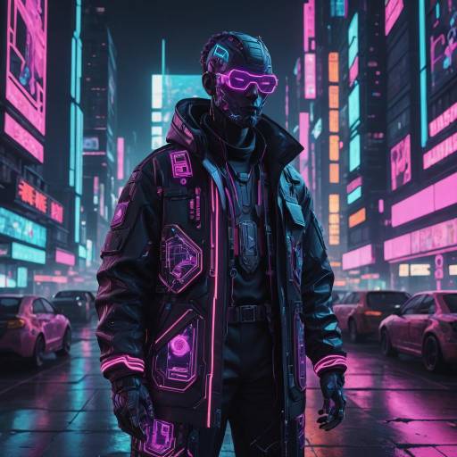 Neon-Drenched Cyberpunk Character in Dystopia Neon-Drenched Cyberpunk Character in Dystopia