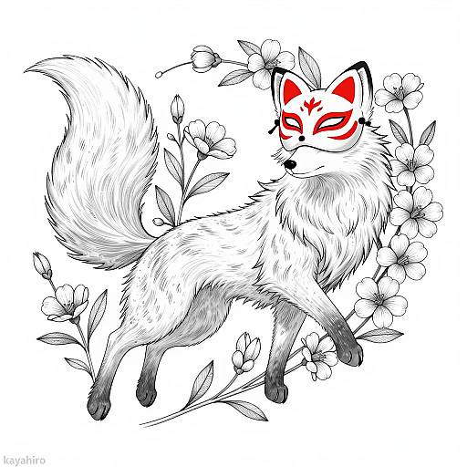 White Fox with Red Fox Mask Illustration