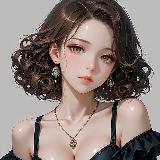 Realistic Portrait of Woman with Curly Hair and Jewelry