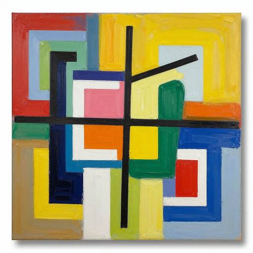 Abstract painting with geometric shapes and vibrant colors: red, yellow, blue, green, black, and white intersecting blocks on a white canvas.
