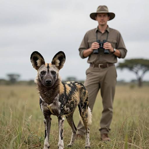Explorer with Wild Dog in Grassland