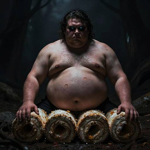 Photograph of a muscular, shirtless, obese man with dark, wet hair, sitting in a dark forest, holding three large, crusty bread