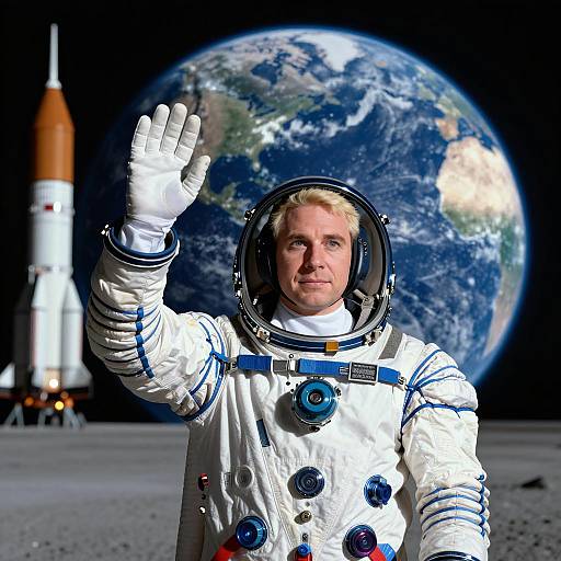 Astronaut Against Earth and Rocket Background