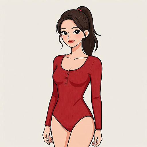Smiling Woman in Red Ribbed Bodysuit